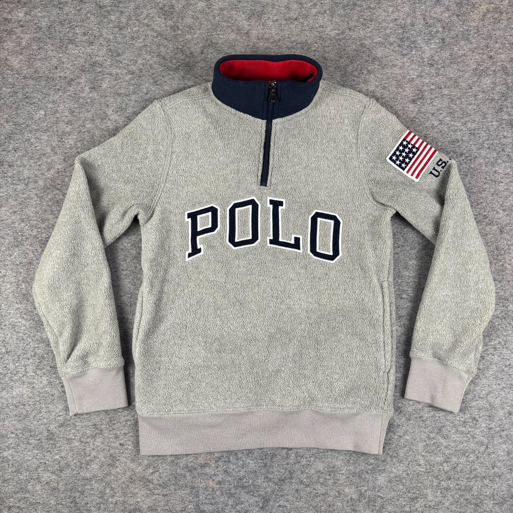 Polo Ralph Lauren Gray Fleece 1/4 Zip Pullover Spellout USA Patch Boys Medium M